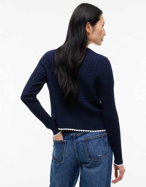 Tommy Jeans Cable knit scalloped trim slim cardigan in dark blue, 4 of 5