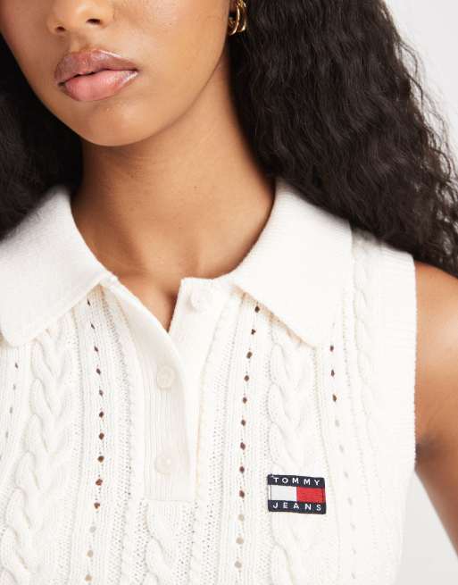 Tommy Jeans cable knit sleeveless polo shirt in cream, 4 of 4