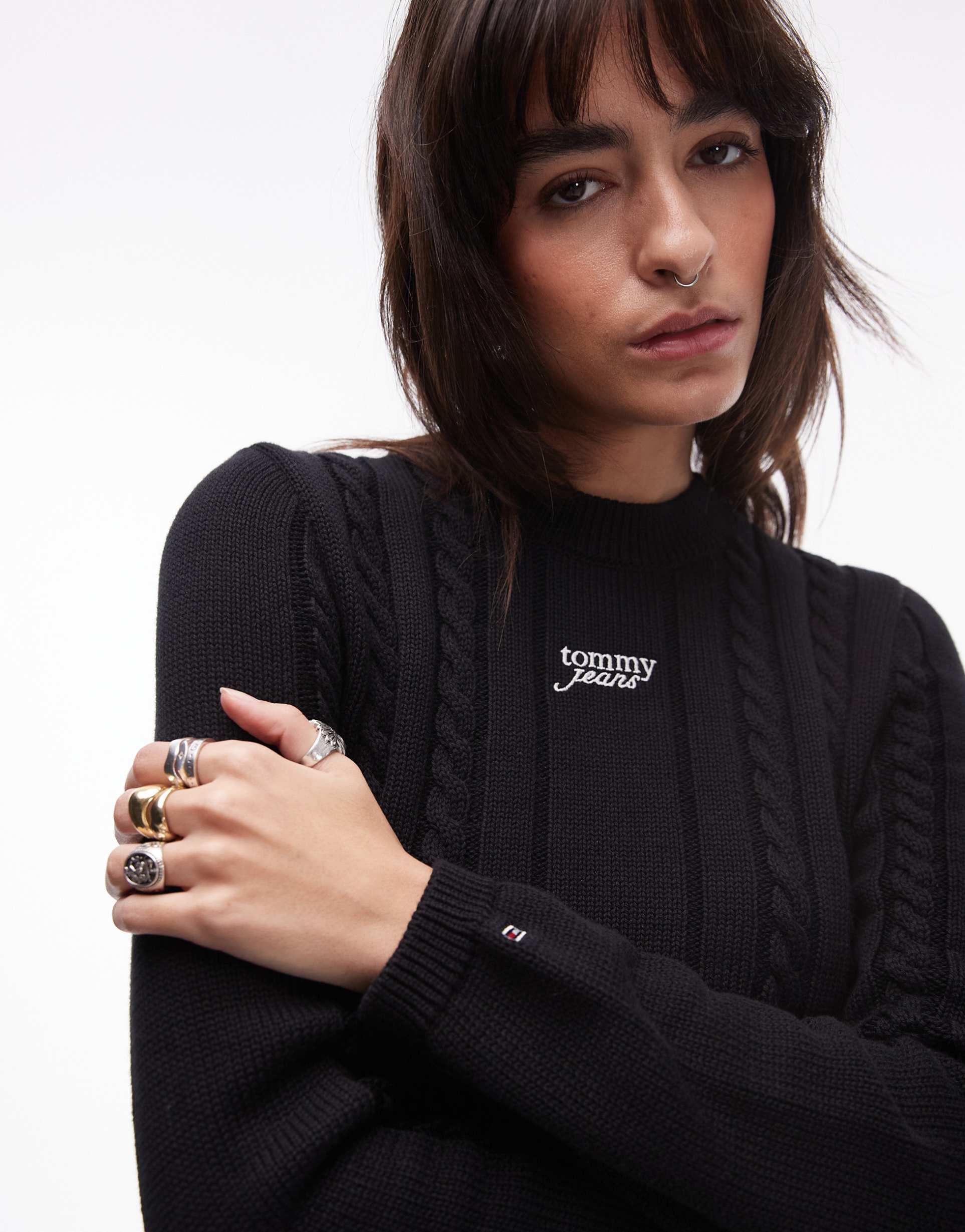 tommy jeans cable knit sweater in black