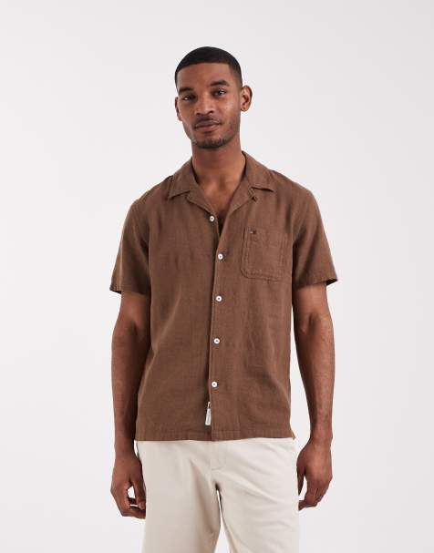 Tommy Jeans - Camicia a maniche corte in misto lino marrone con colletto cubano - view 1