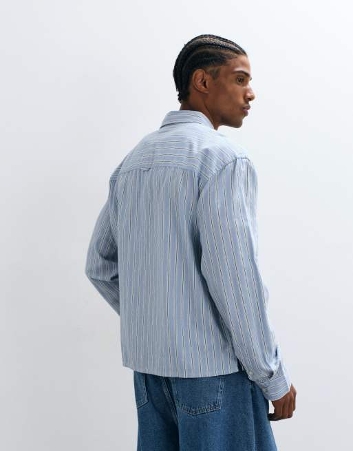 Tommy Jeans camicia boxy fit in cotone a righe blu, 5 di 5