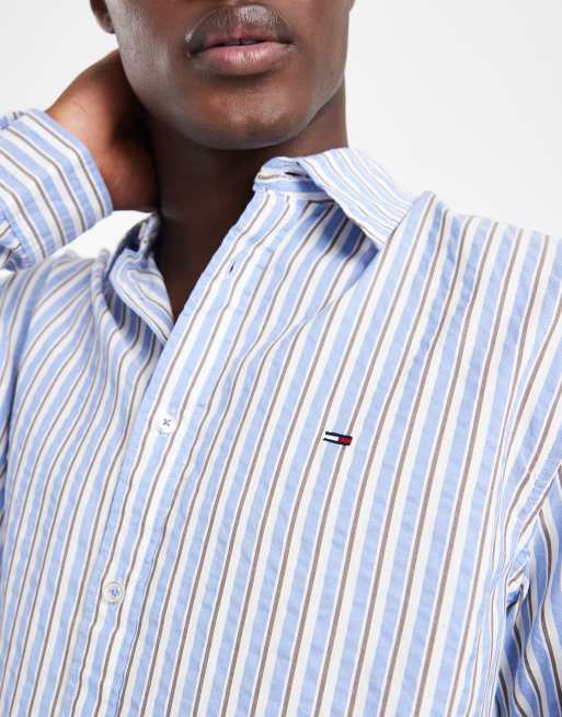 Tommy Jeans - Camicia comoda in seersucker blu a righe, 4 di 5
