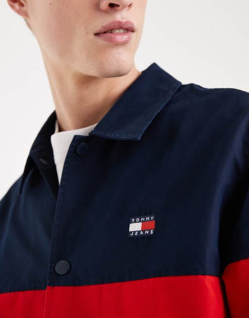 Tommy Jeans - Camicia giacca color block blu navy e rossa, 5 di 5