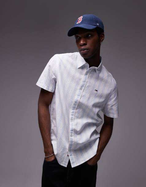 Tommy Jeans - Camicia in lino azzurra e bianca a righe - view 1
