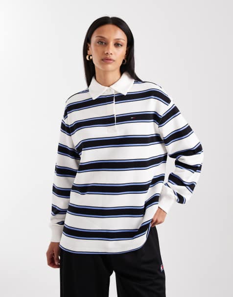 Tommy Jeans - Camicia stile rugby bianca e blu a righe stile college - view 1