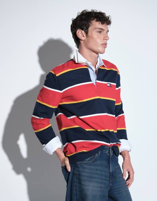 Tommy Jeans - Camicia stile rugby rossa/blu navy a righe con logo, 4 di 7