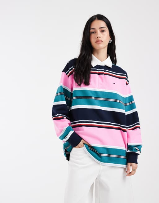 Tommy Jeans - Camicia taglio comodo stile rugby rosa/verde a righe