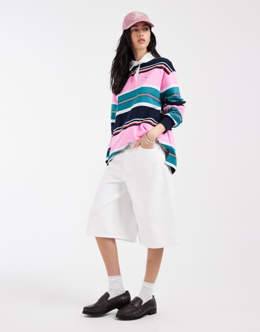 Tommy Jeans - Camicia taglio comodo stile rugby rosa/verde a righe, 2 di 4