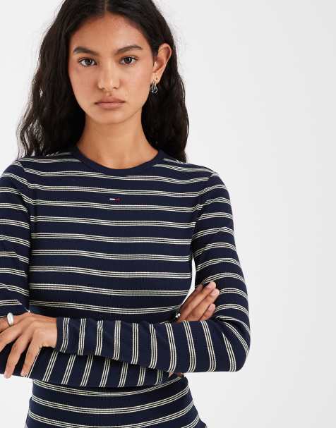 Tommy Jeans - Camiseta azul marino a rayas de manga larga y corte slim con logo de bandera - view 1