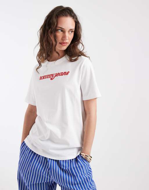 Tommy Jeans camiseta de corte holgado con logotipo script de algodón en blanco, 1 de 4