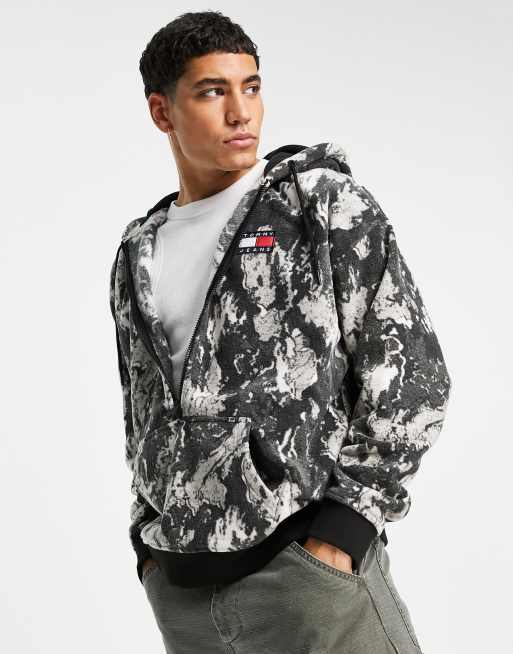 Tommy Jeans camo print polar fleece half zip hoodie relaxed fit in black