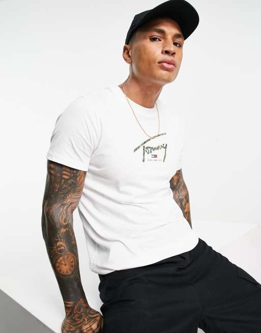 Tommy Jeans camo script flag logo t-shirt in white | ASOS