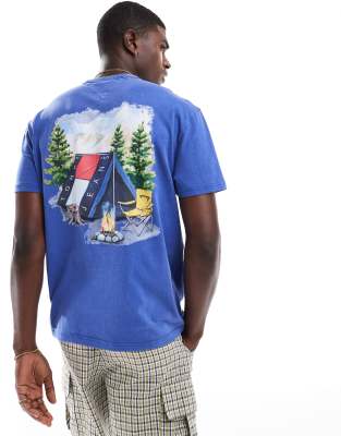 camping graphic back print t-shirt in blue