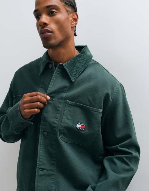 Tommy Jeans canvas jacket with corduroy collar in dark green, 2 of 5