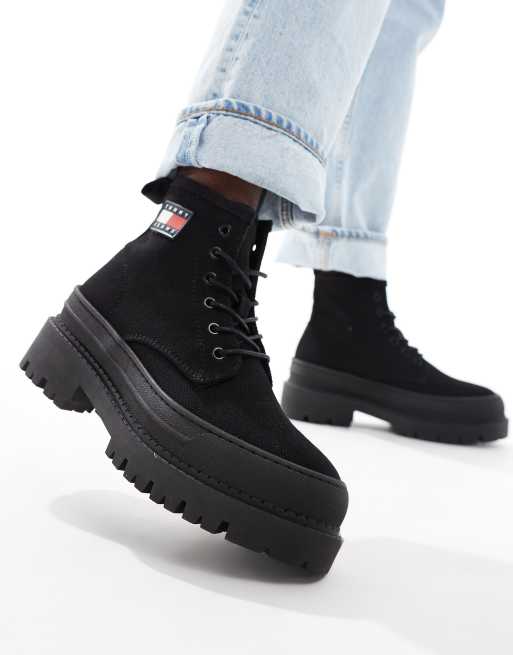 Tommy Jeans canvas platform logo boots in black