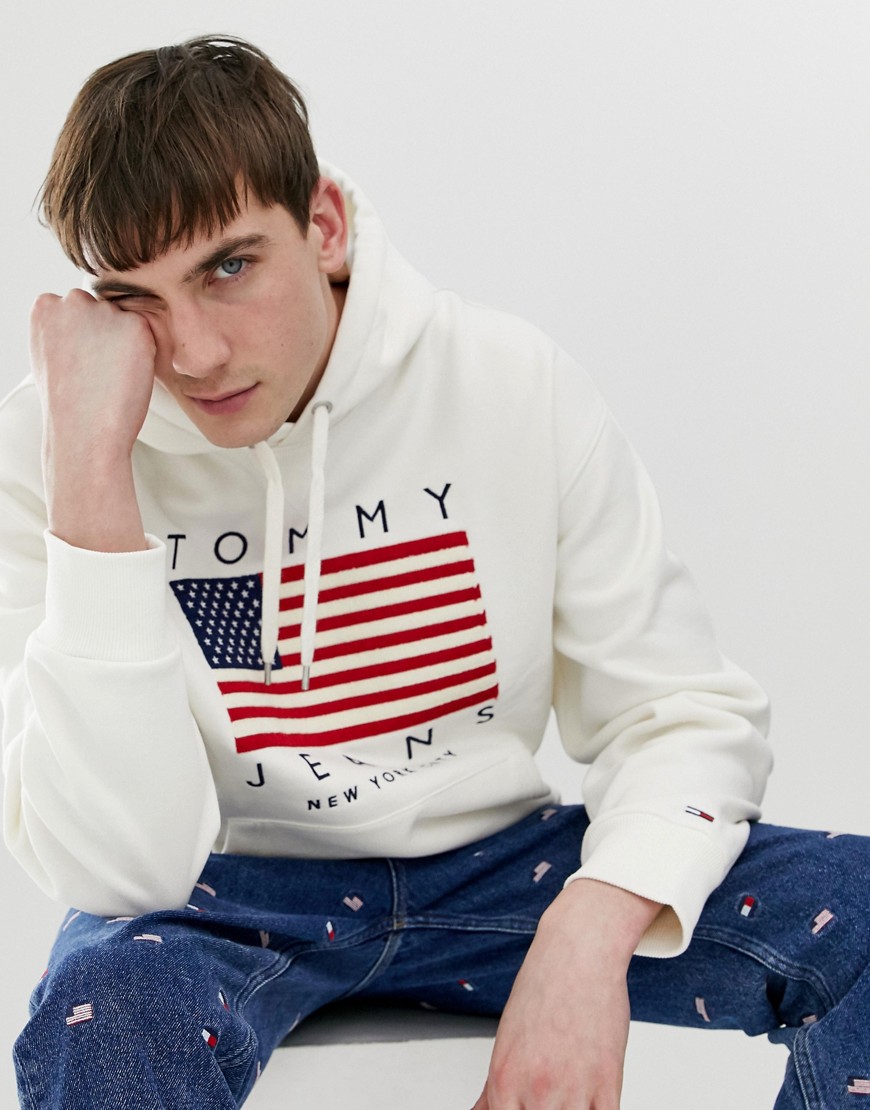Tommy Jeans - Capsule - Felpa con cappuccio bianca con bandiera USA e logo-Bianco