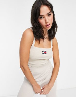 Tommy Jeans co-ord logo badge super crop rib cami in stone  - ASOS Price Checker