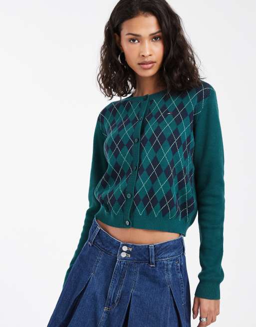 Tommy Jeans Cardigan mit Flaggenlogo in Dunkelgrün mit Argyle-Muster, 2 von 4