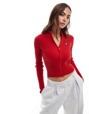 Tommy Jeans - Cardigan rosso acceso in maglia con zip