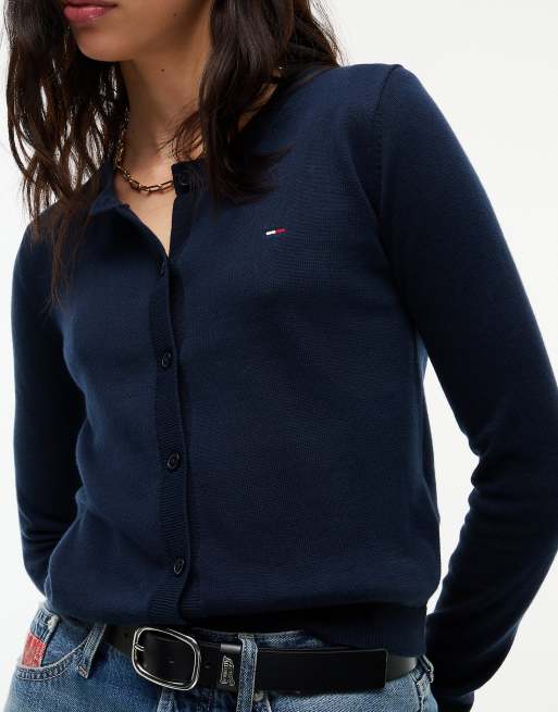 Tommy Jeans cardigan slim à col rond avec broderie drapeau en bleu foncé, 3 de 6
