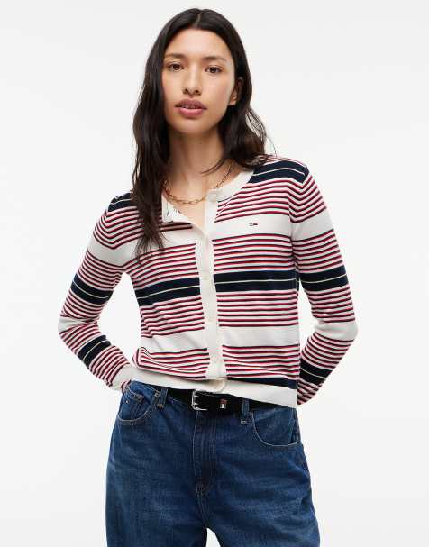 Tommy Jeans cardigan slim à col rond avec broderie drapeau en rouge intense / rayures - view 1