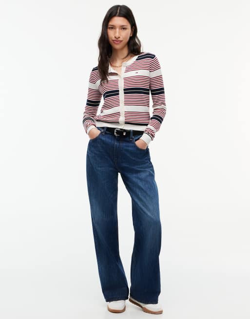 Tommy Jeans cardigan slim à col rond avec broderie drapeau en rouge intense / rayures, 2 de 6