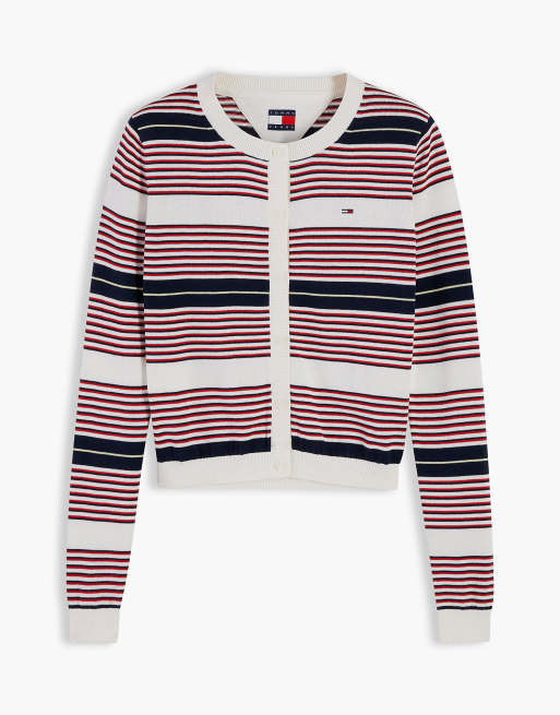Tommy Jeans cardigan slim à col rond avec broderie drapeau en rouge intense / rayures, 5 de 6