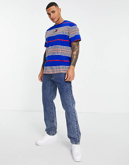 Tommy Jeans center badge stripe T-shirt in cobalt blue multi | ASOS