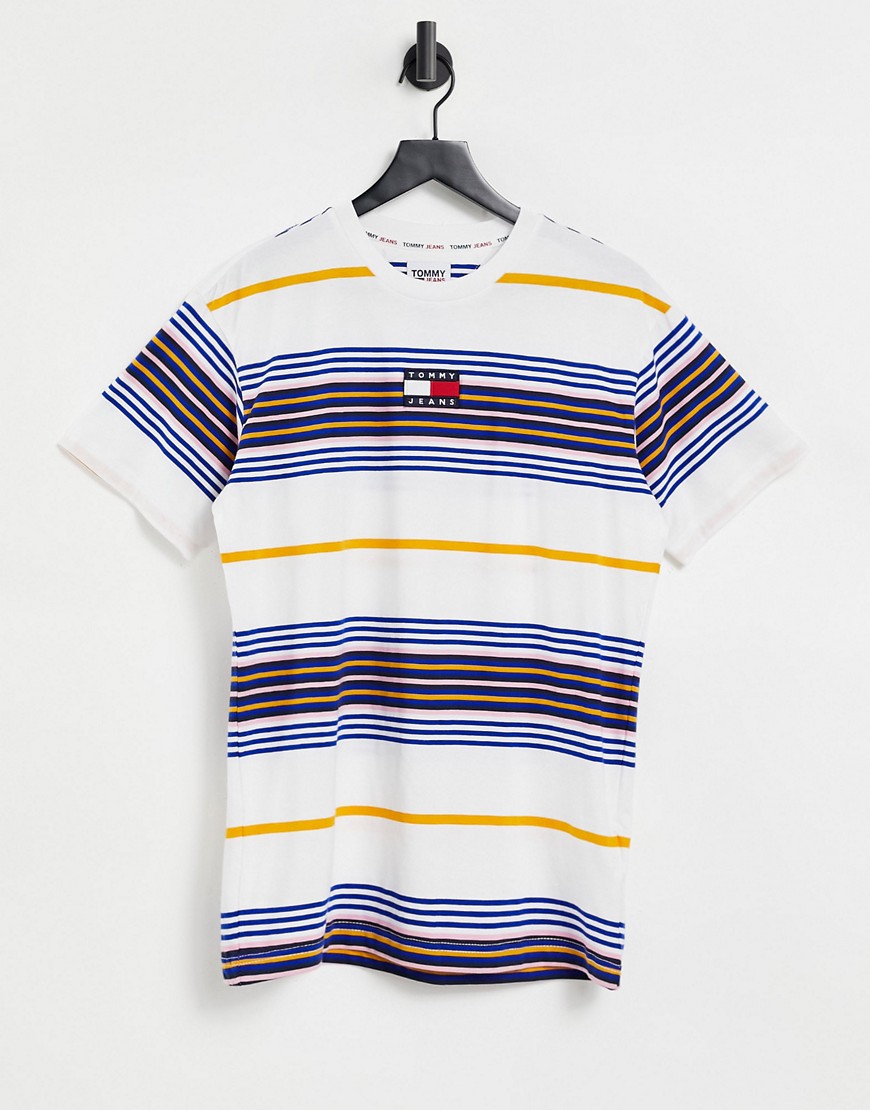 Tommy Jeans center badge stripe t-shirt in white multi