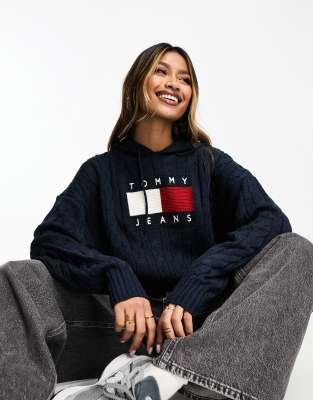 Tommy Jeans center flag logo cable knit hoodie in navy