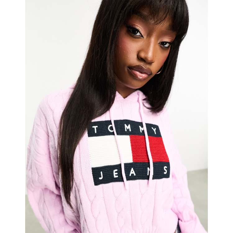 Tommy Jeans center flag logo cable knit hoodie in pink | ASOS