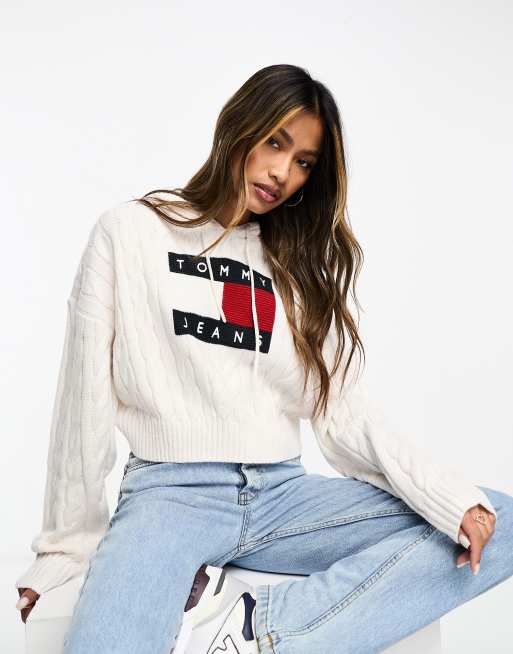 Tommy Jeans center flag logo cable knit hoodie in white | ASOS