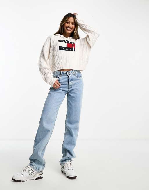 Tommy Jeans center flag logo cable knit hoodie in white ASOS