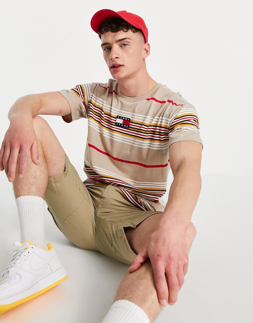 Tommy Jeans center logo striped T-shirt in soft beige multi-Neutral