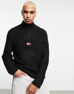 Tommy Jeans central badge logo half zip relaxed fit knit jumper in black