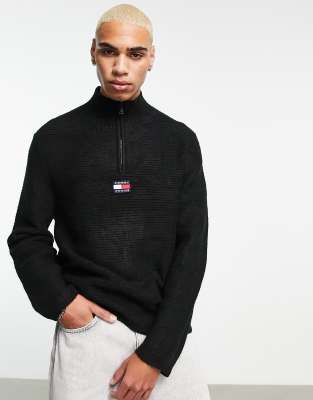 Tommy Jeans central badge logo half zip relaxed fit knit jumper in black