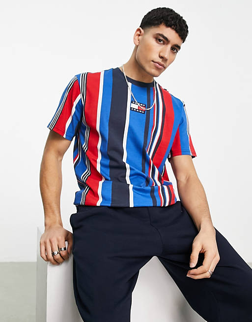 Tommy Jeans central badge logo vertical stripe t-shirt classic fit in red