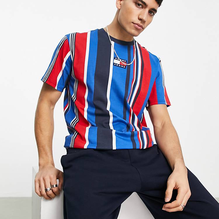 Tommy Jeans central badge logo vertical stripe t-shirt classic fit in red |  ASOS