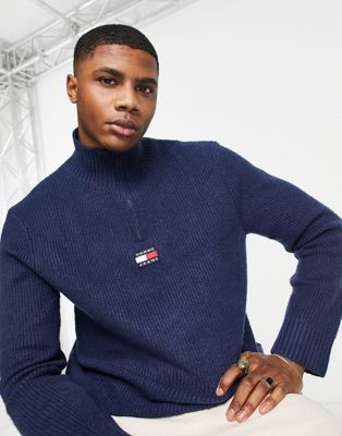 Tommy Jeans central flag badge logo half zip sweatshirt relaxed fit in navy - ASOS Price Checker
