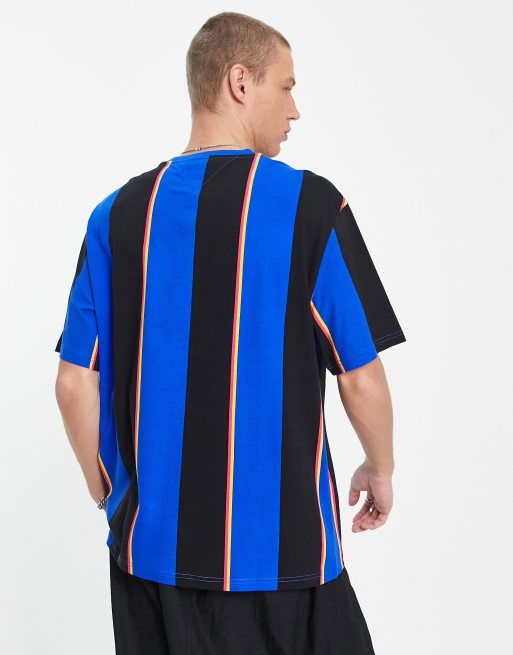 Tommy Jeans central flag vertical stripe skater fit t-shirt in bright blue, 2 of 4