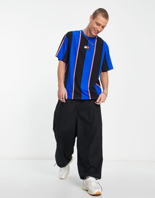 Tommy Jeans central flag vertical stripe skater fit t-shirt in bright blue, 3 of 4