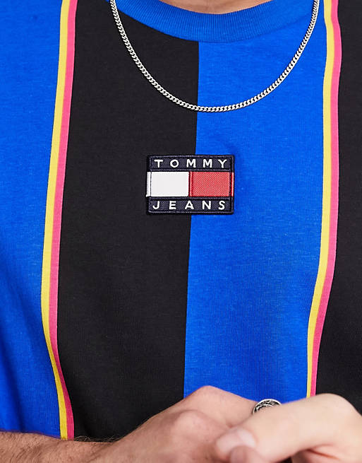 Tommy Jeans central flag vertical stripe skater fit t-shirt in bright blue  | ASOS
