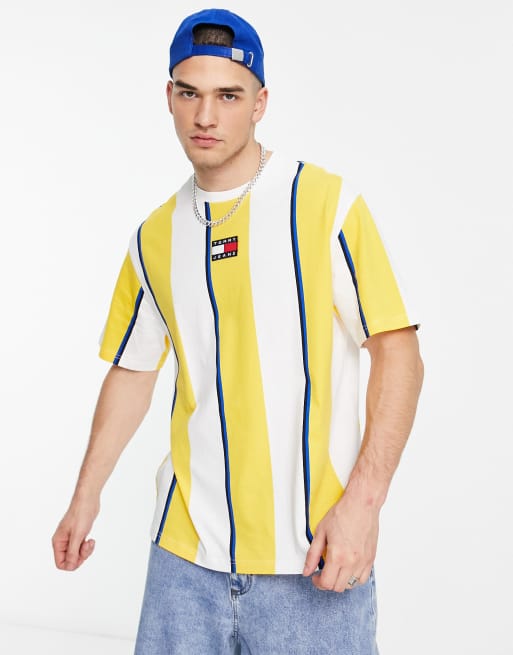 Tommy Jeans central flag vertical stripe skater fit t-shirt in yellow