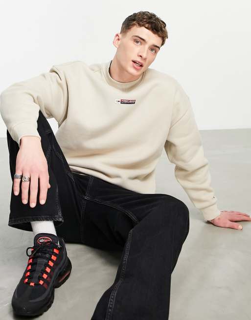 Tommy Jeans central label logo mock neck oversized sweatshirt in beige