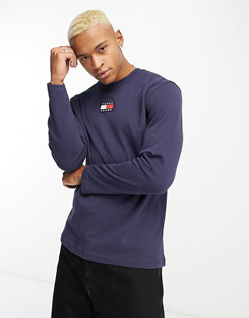 Tommy Jeans centre flag logo long sleeve t-shirt in navy | ASOS