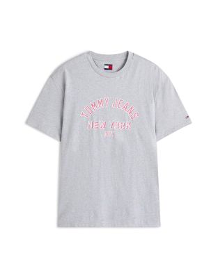 Tommy Jeans Tommy Jeans centre varsity logo t-shirt in grey and pink