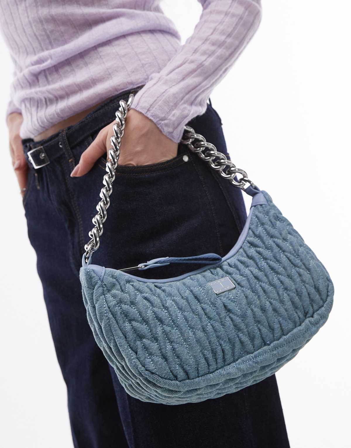 Tommy Jeans chain shoulder bag in rouched denim