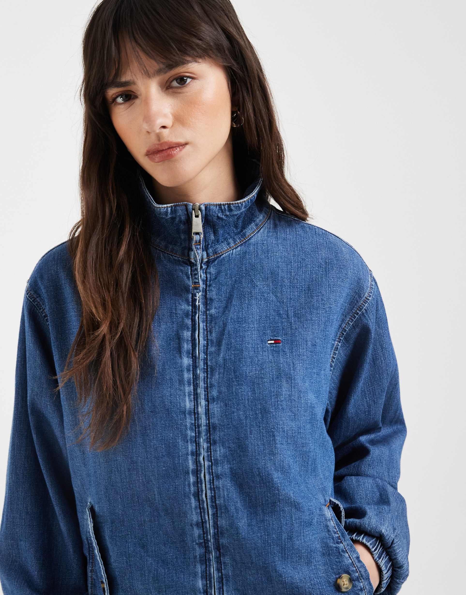 tommy jeans chambray high neck jacket in mid wash blue