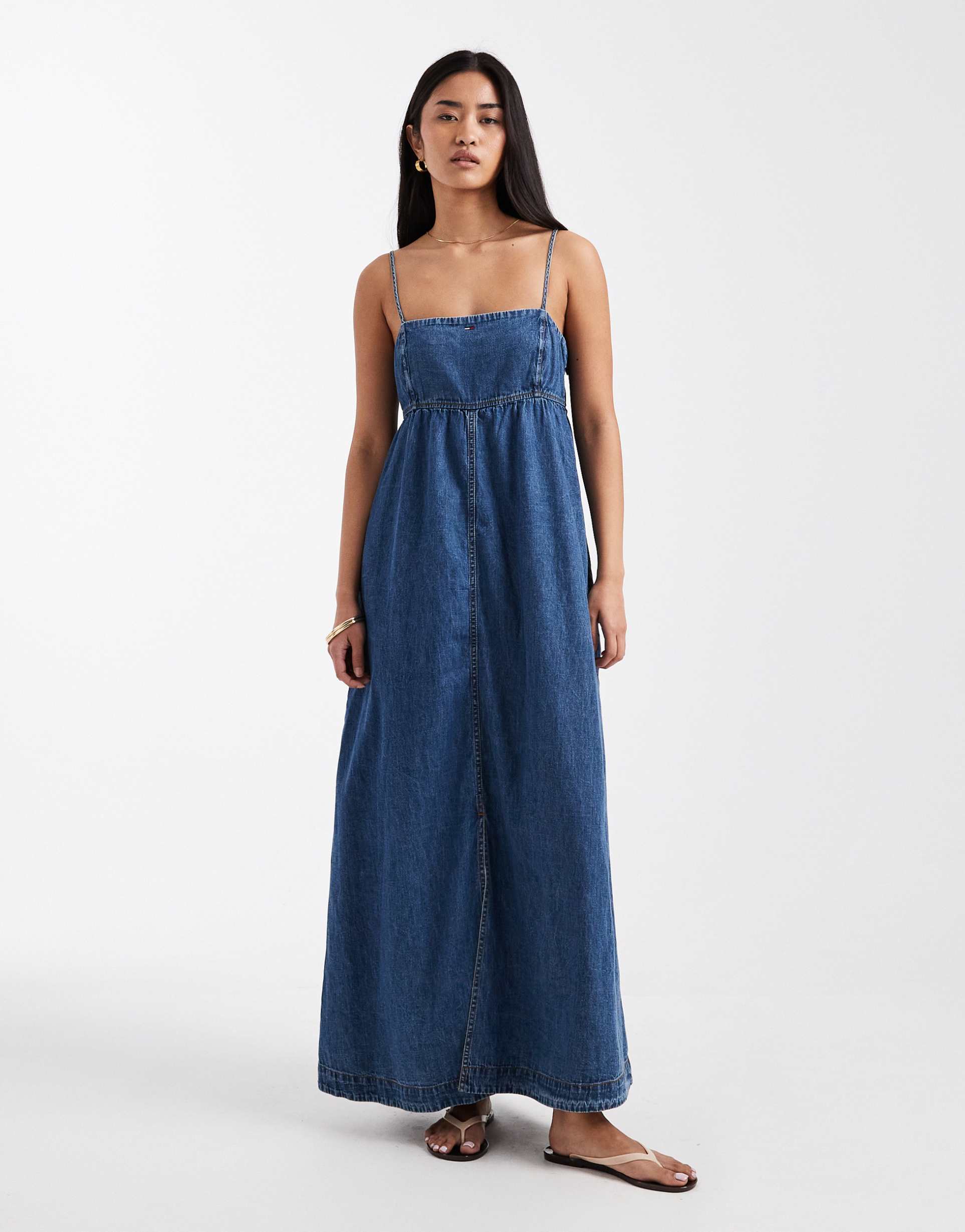 tommy jeans chambray maxi dress in mid wash blue