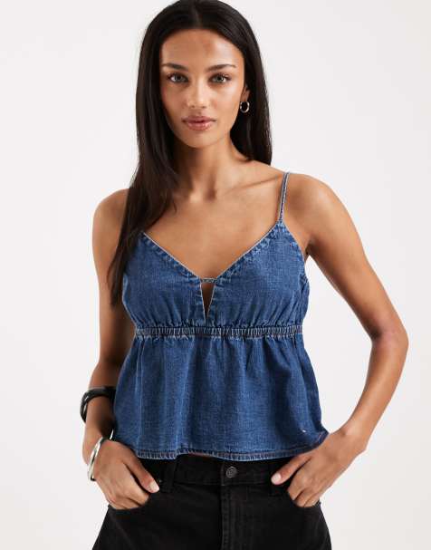 Tommy Jeans – Chambray-Oberteil in mittelblauer Waschung mit Riemchenträgern - view 1